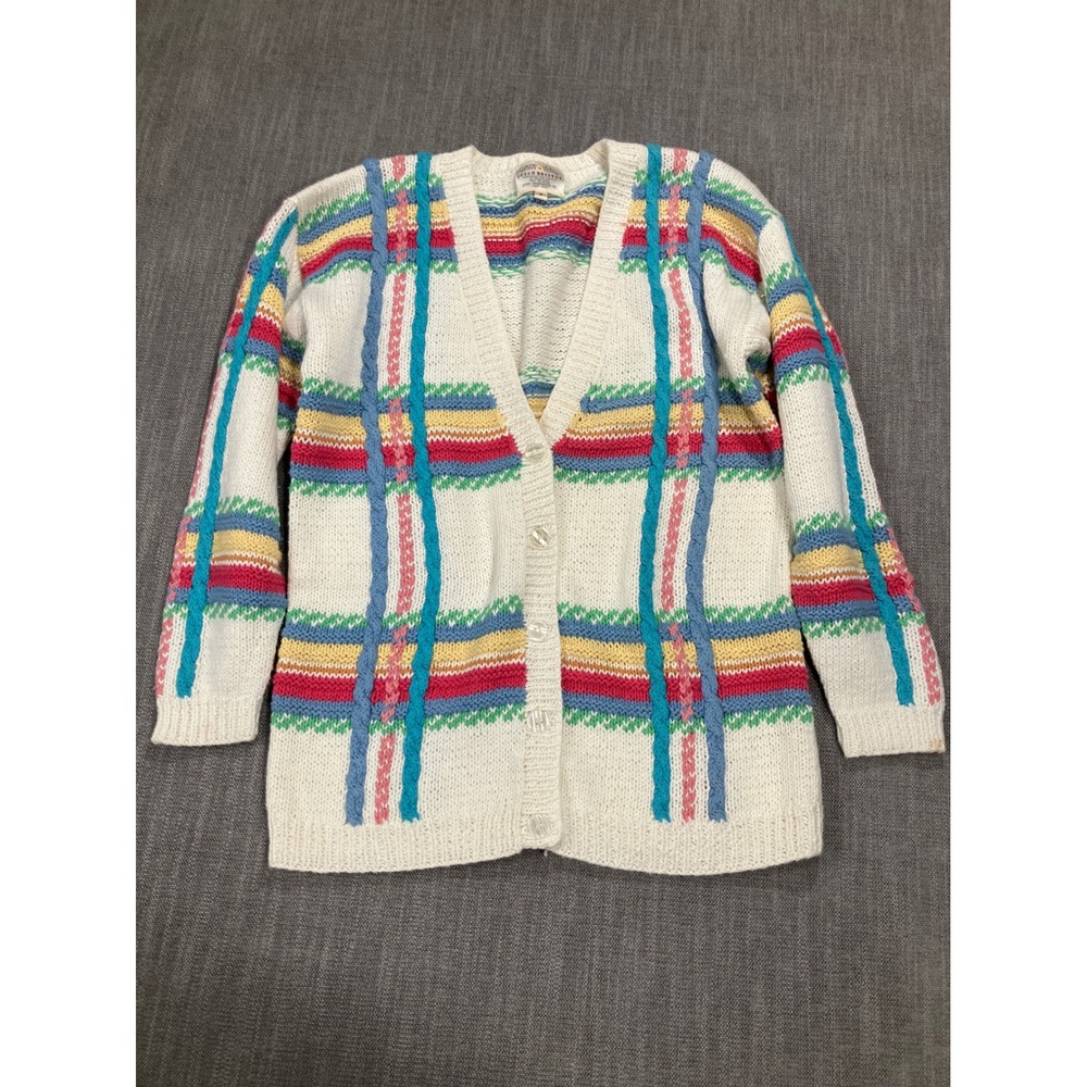 Susan Bristol Vintage 1992 Hand Knit Cardigan Sweater Multi Color Plaid Stripe S